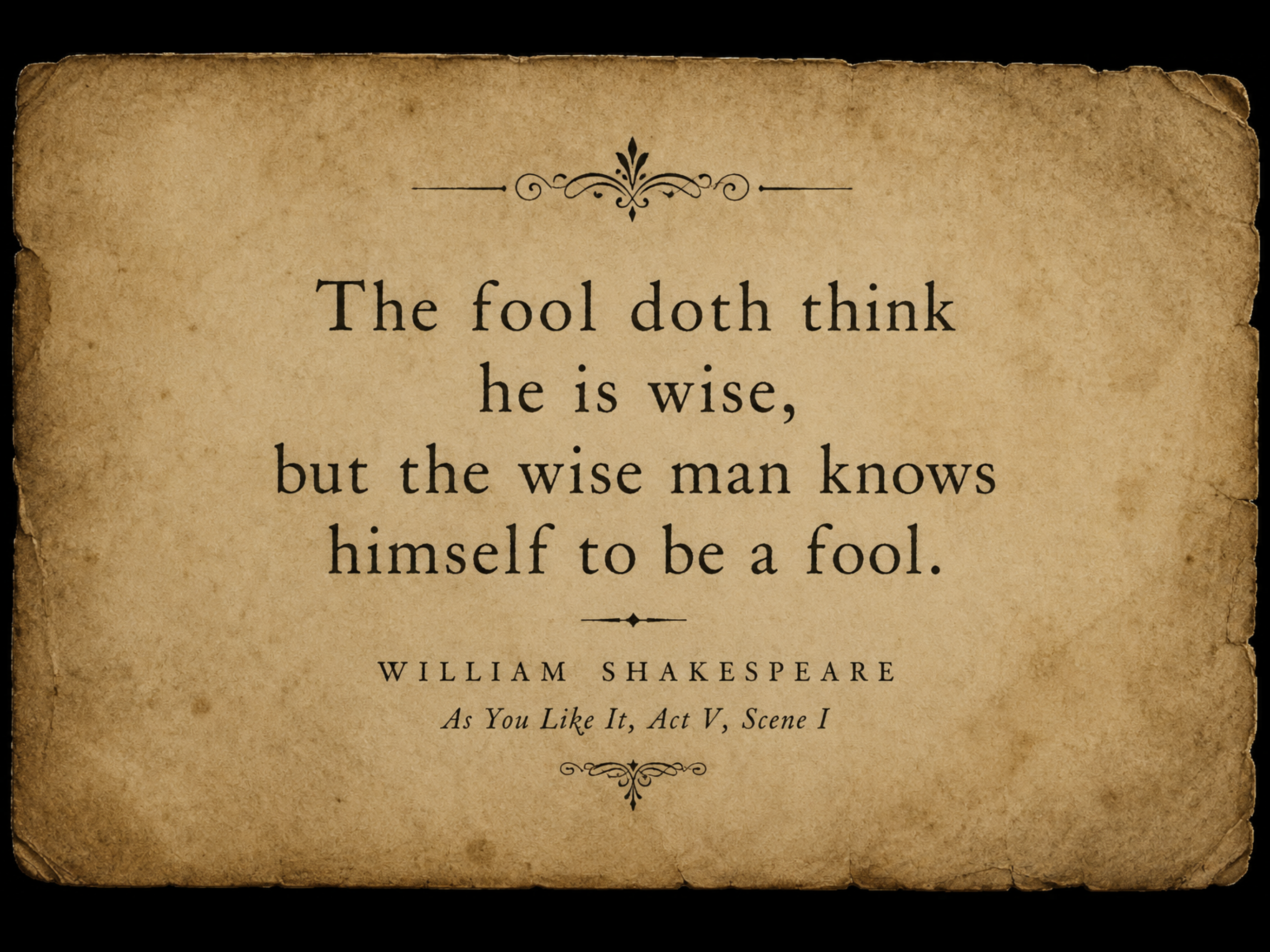The fool doth think he is wise, but the wise man knows himself to be a fool — William Shakespeare